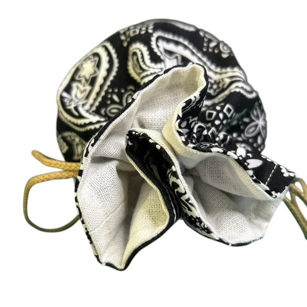 Black White Paisley Buffalo Check Drawstring Satchel Wristlet Bag Handmade NEW